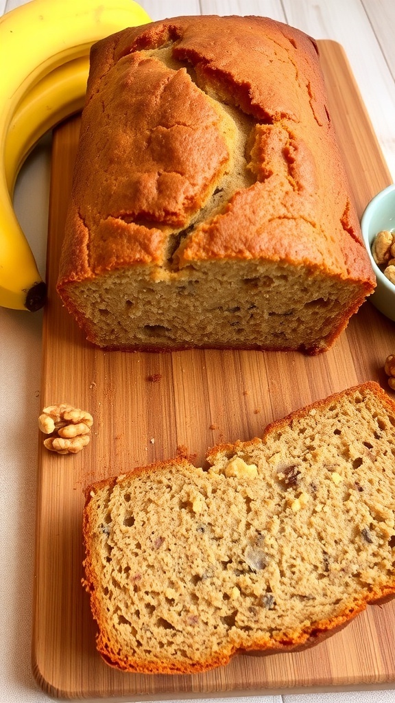 A loaf of banana bread sliced on a cutting board with ripe bananas and walnuts.